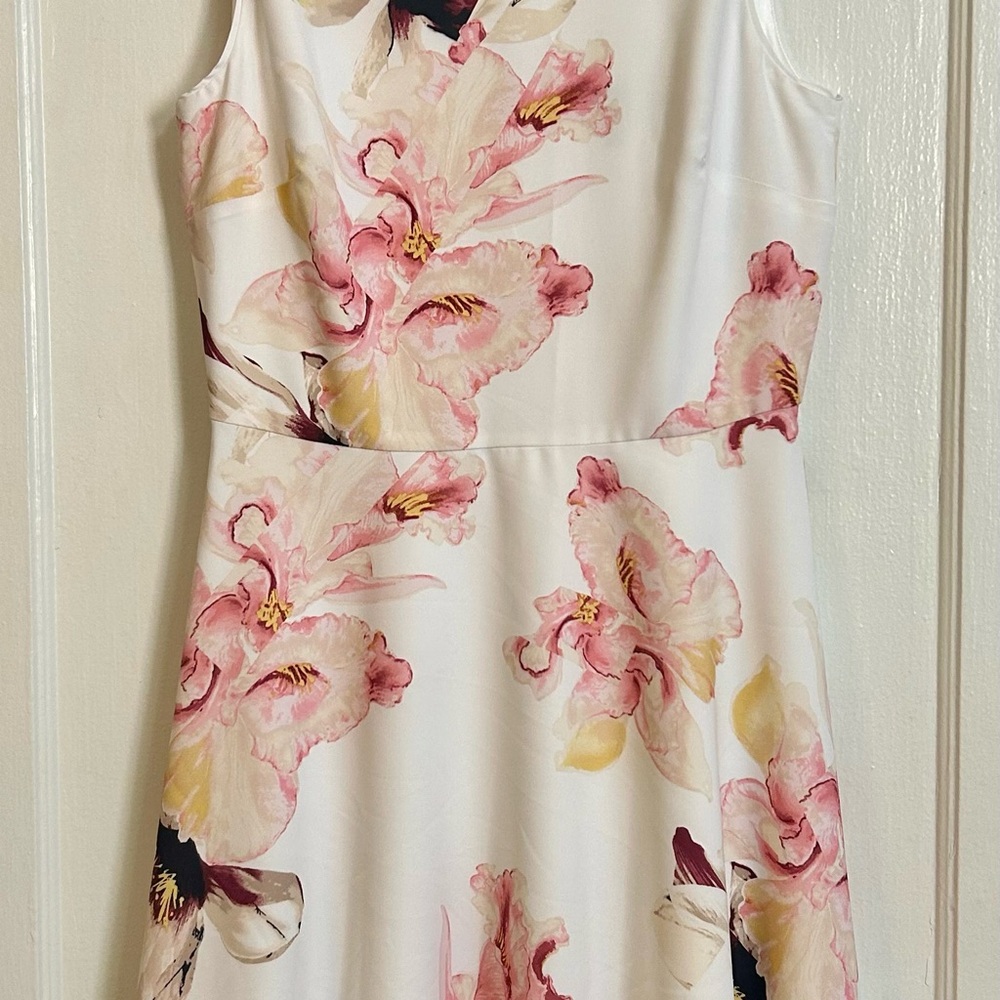 White House Black Market Cream Floral V-Neck Midi Dress with Pink Accents - Picture 3 of 9